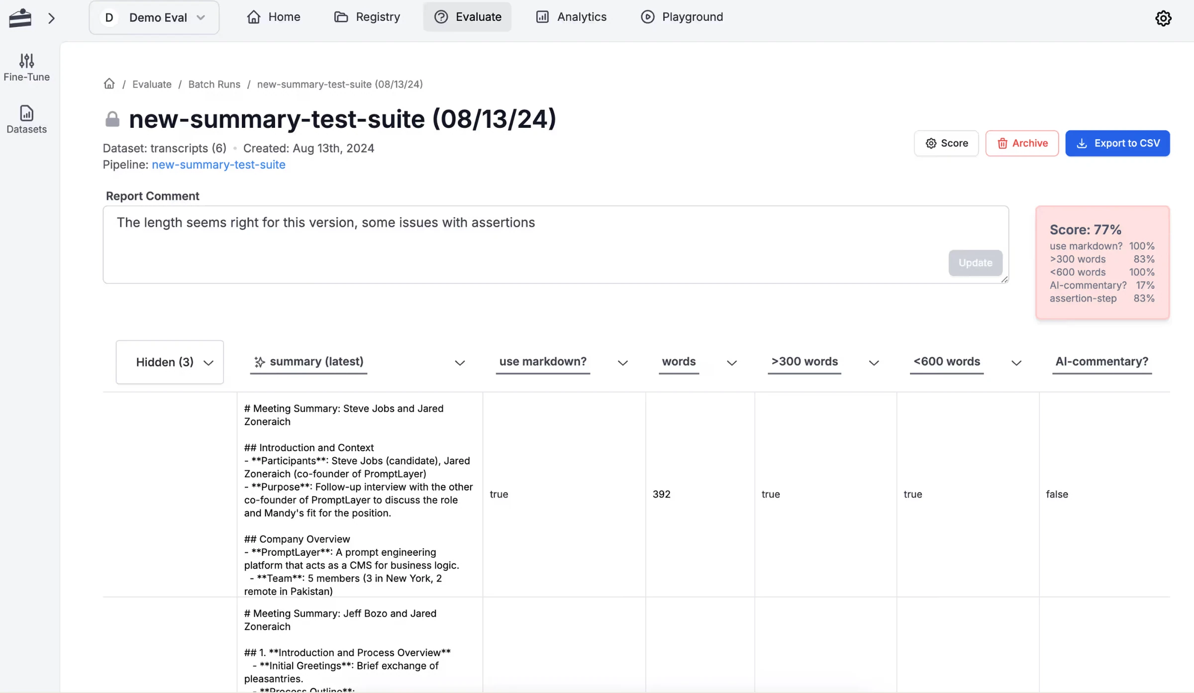 PromptLayer batch run new-summary-test-suite scoring 77%, with meeting summaries checked against markdown and word-count assertions