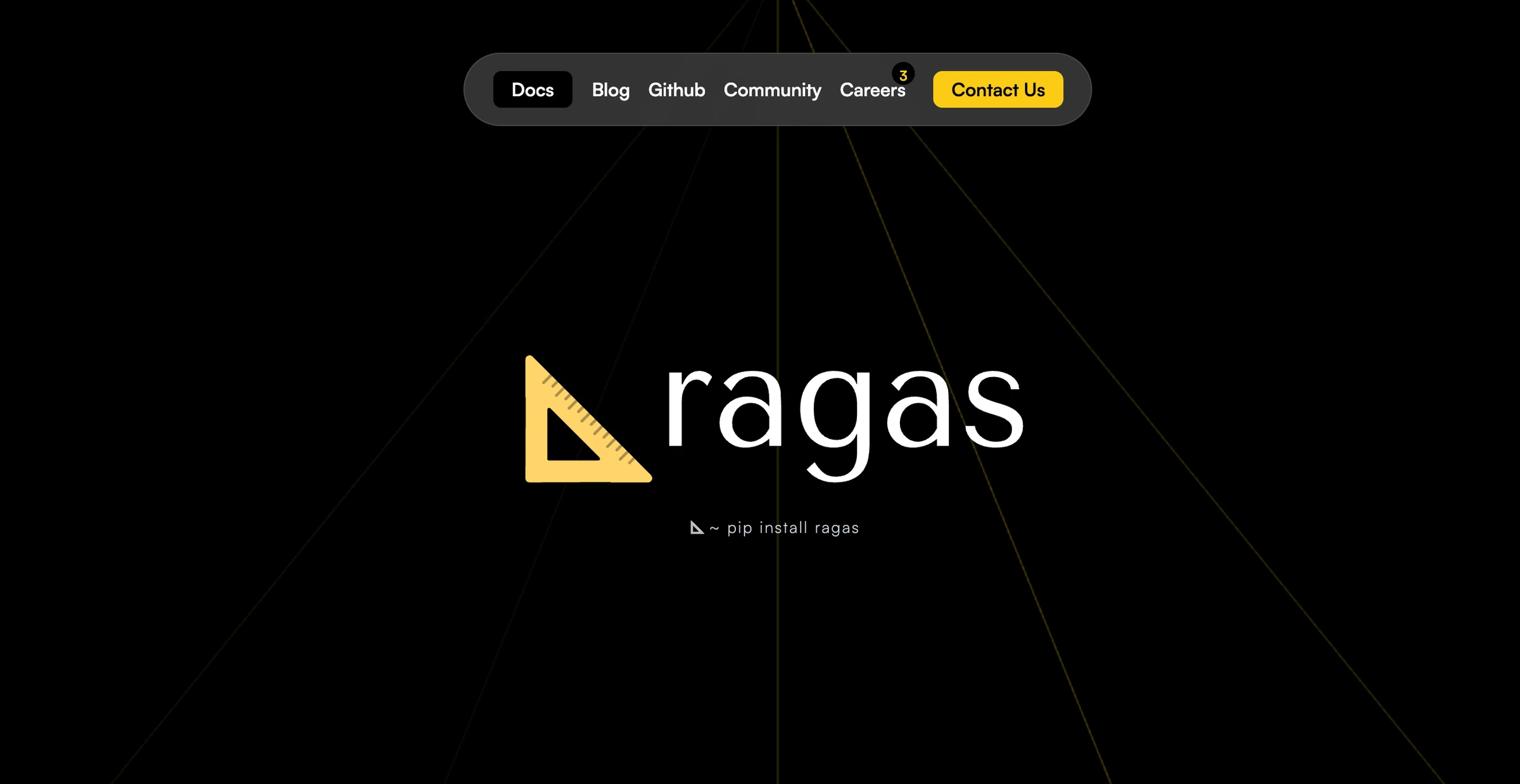 Ragas homepage with the ragas logo and pip install ragas on a black background, and a Docs, Blog, Github nav bar