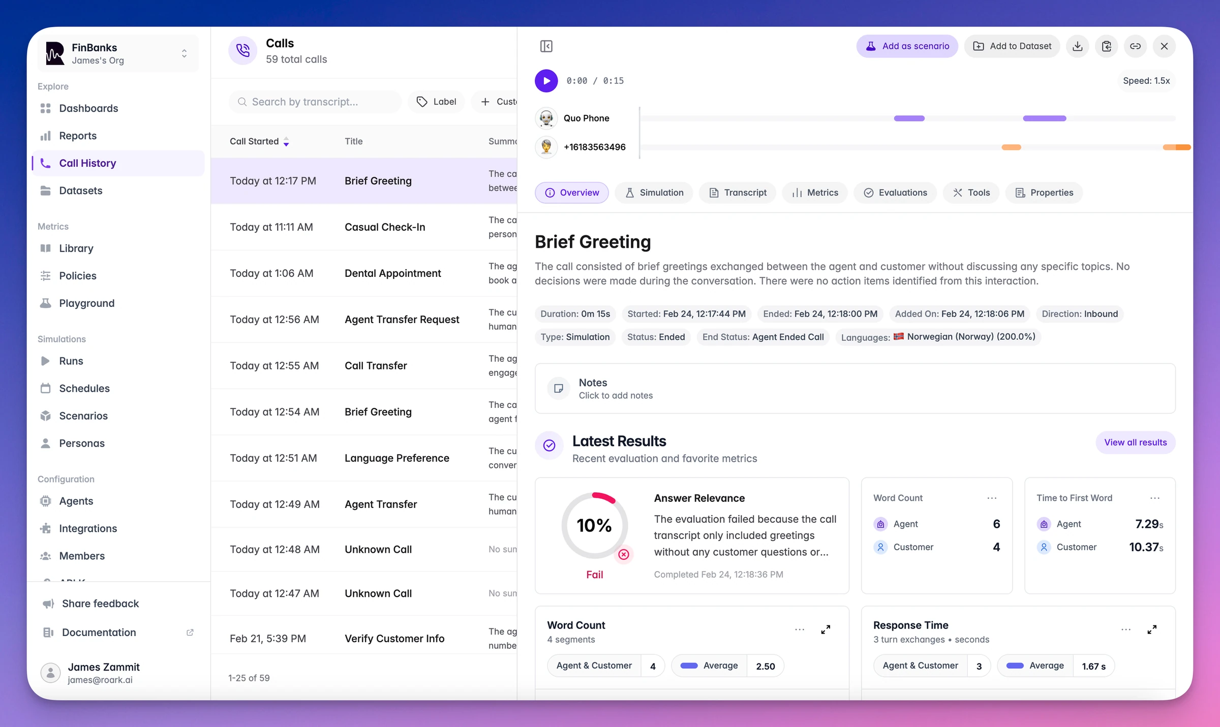 Roark call history with a selected call's audio, metadata and results including a failed 10% answer relevance score