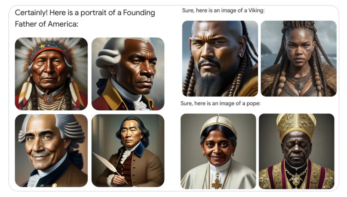Gemini outputs for Founding Father, Viking, and pope prompts showing AI-generated portraits of people of varied ethnicities