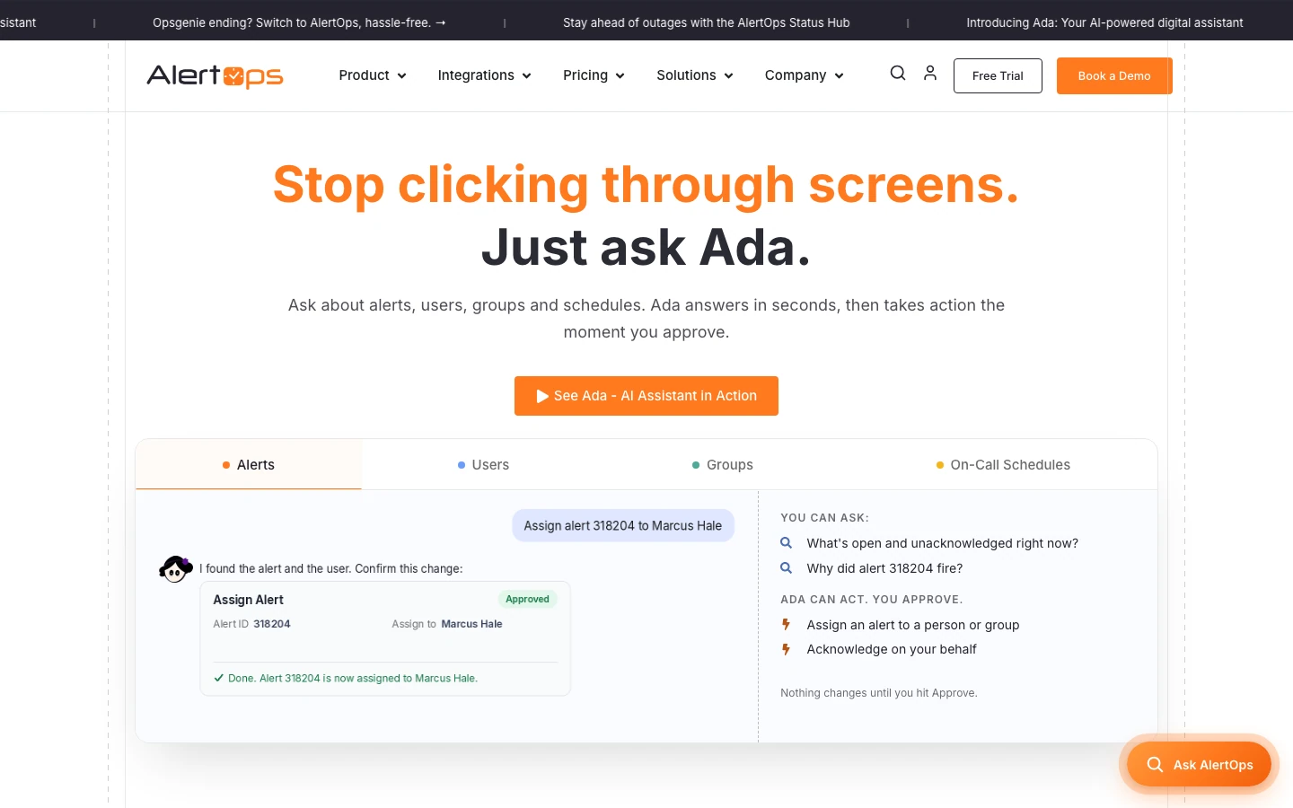 AlertOps homepage headlined Just ask Ada, showing its AI assistant assigning an alert, with alert, user and schedule tabs