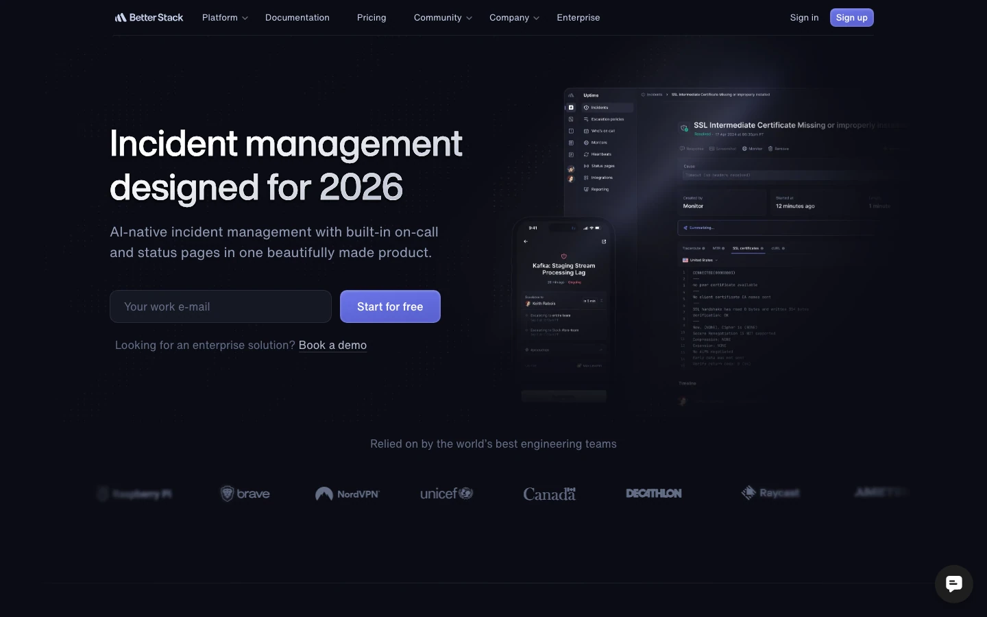 Better Stack page headlined Incident management designed for 2026, with a sign-up field, incident previews and customer logos