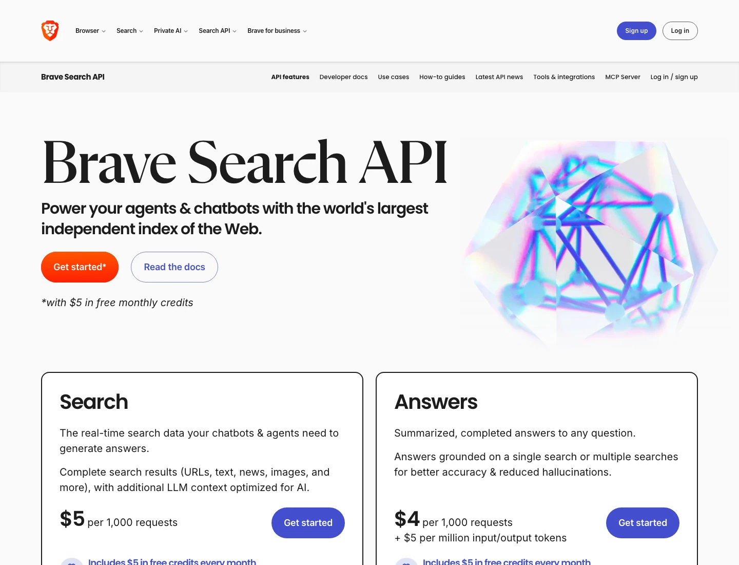 Brave Search API page with Search at $5 per 1,000 requests and Answers at $4 per 1,000 requests plus token pricing