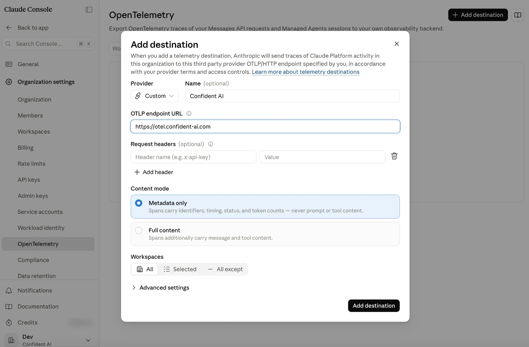 Claude Console Add destination dialog with Provider Custom, name Confident AI and OTLP endpoint https://otel.confident-ai.com