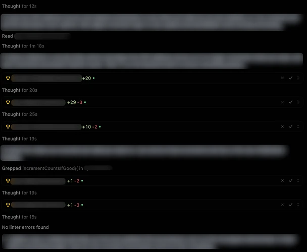 Cursor agent log of repeated thinking steps, a grep, and several small file edits, ending with no linter errors found