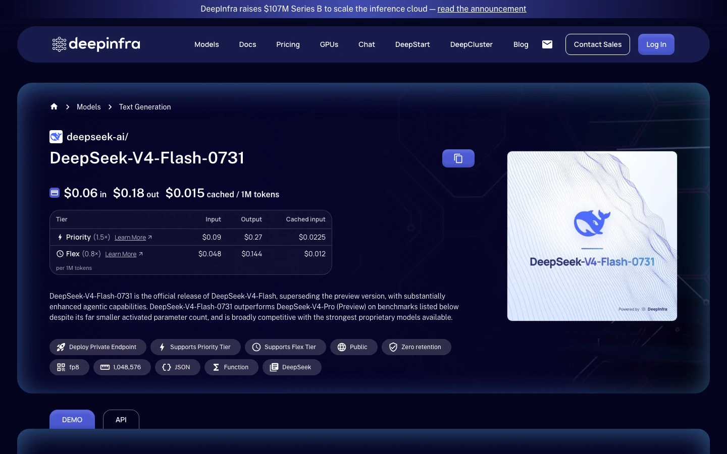 DeepInfra model page for DeepSeek-V4-Flash-0731 with token prices, Priority and Flex tiers, and a Deploy Private Endpoint tag