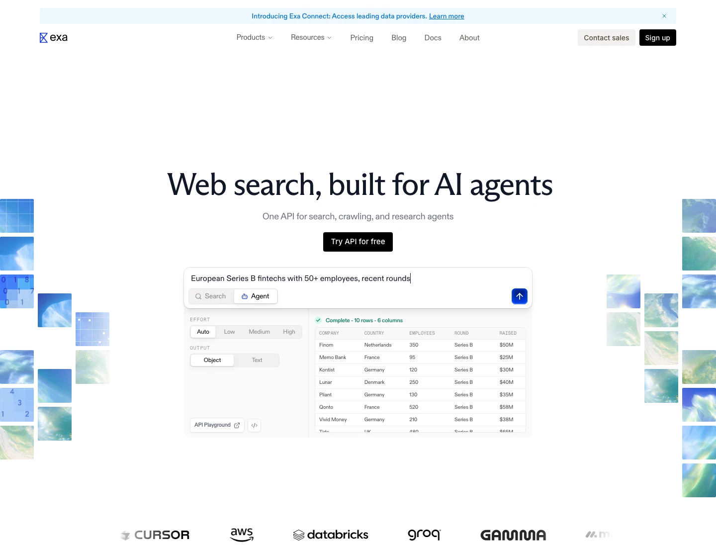 Exa homepage with an agent query for European Series B fintechs returning a table of companies, countries, employees and amounts raised
