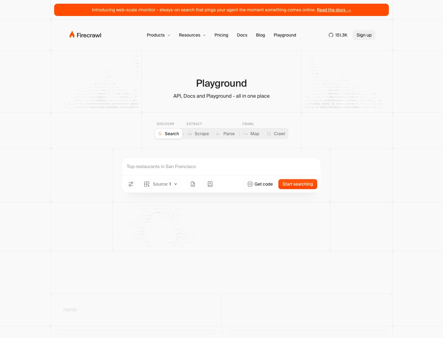 Firecrawl Playground with the Search tab selected, a query for top restaurants in San Francisco, and a Start searching button