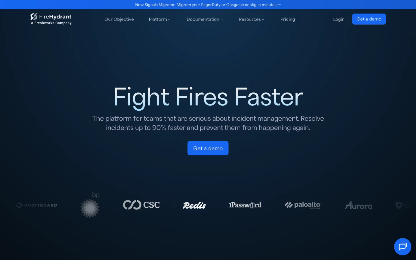 FireHydrant homepage headlined Fight Fires Faster, with a Get a demo button and customer logos like Redis and 1Password