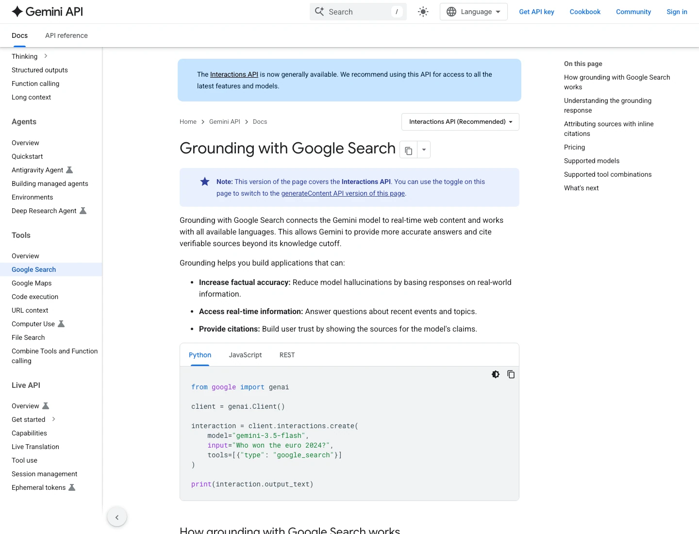 Gemini API docs page Grounding with Google Search with a Python example using gemini-3.5-flash and the google_search tool