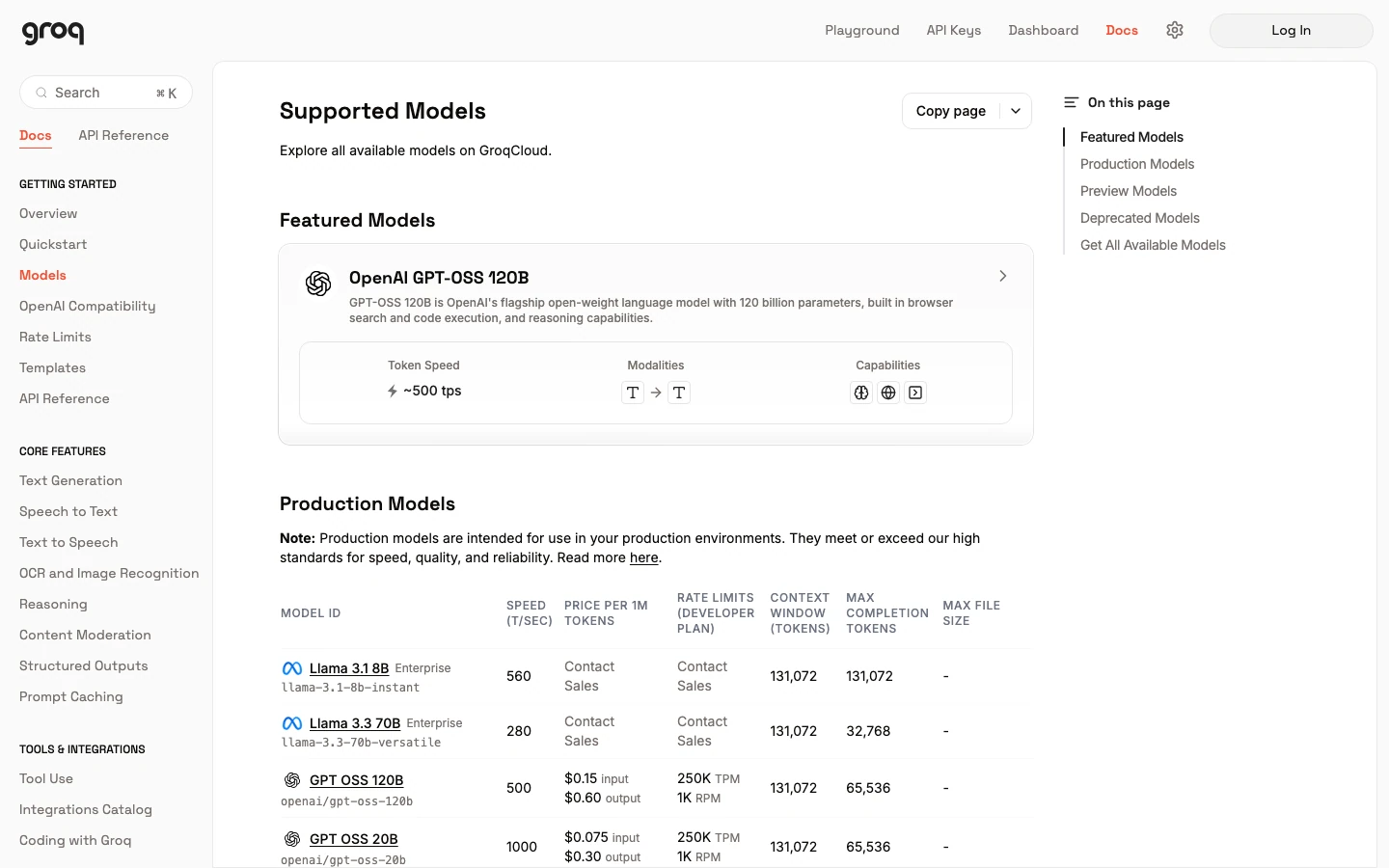 Groq docs table of production models with speed, price per 1M tokens, rate limits and context window