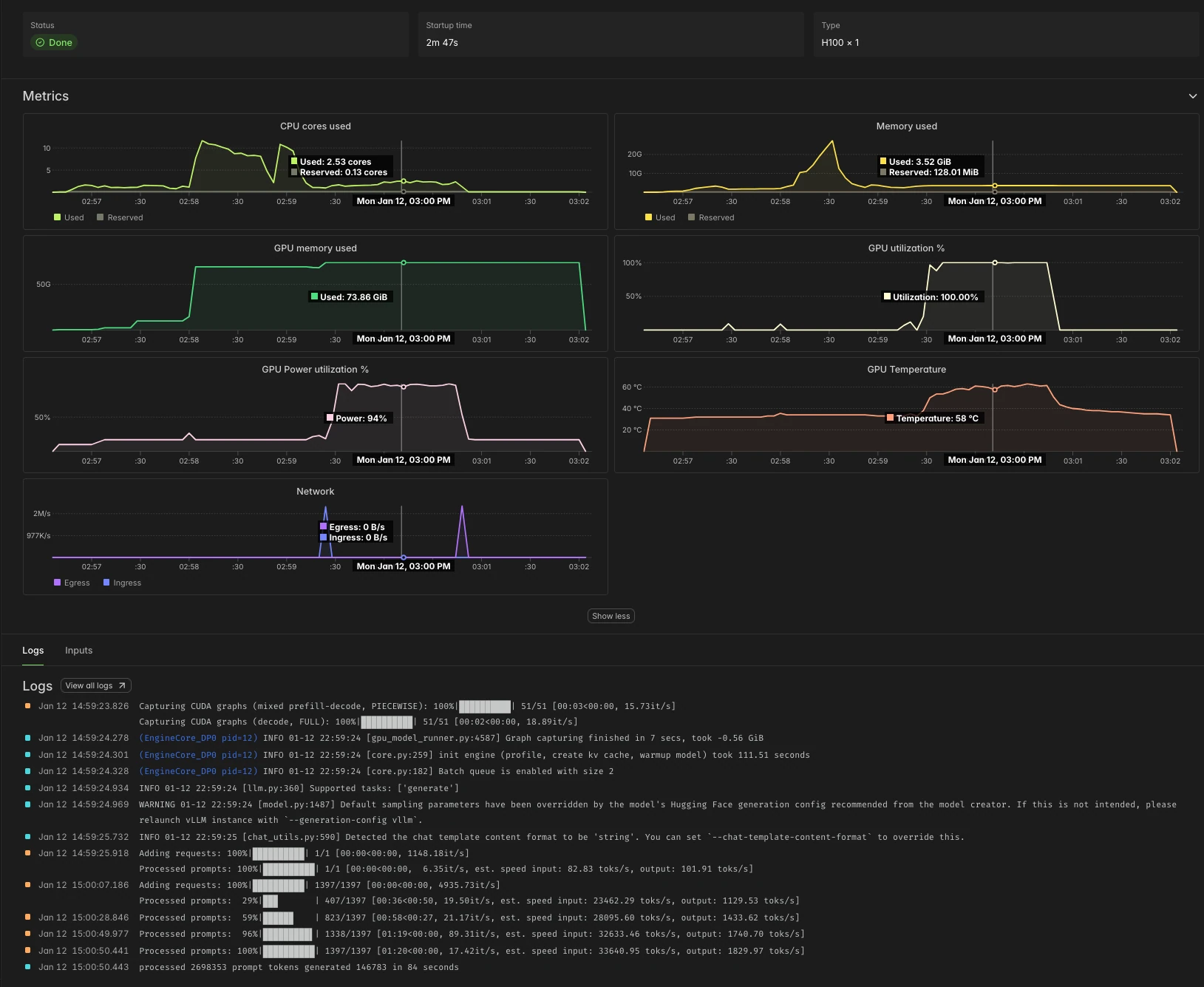 Modal dashboard for a vLLM job on one H100 with GPU memory, utilization, power and temperature charts and logs