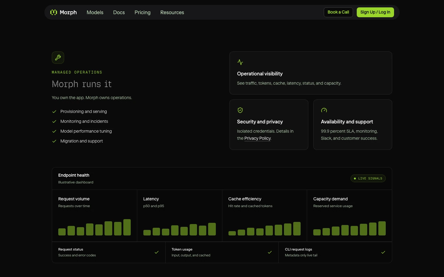 Morph Endpoint health dashboard with request volume, latency, cache efficiency and capacity demand charts