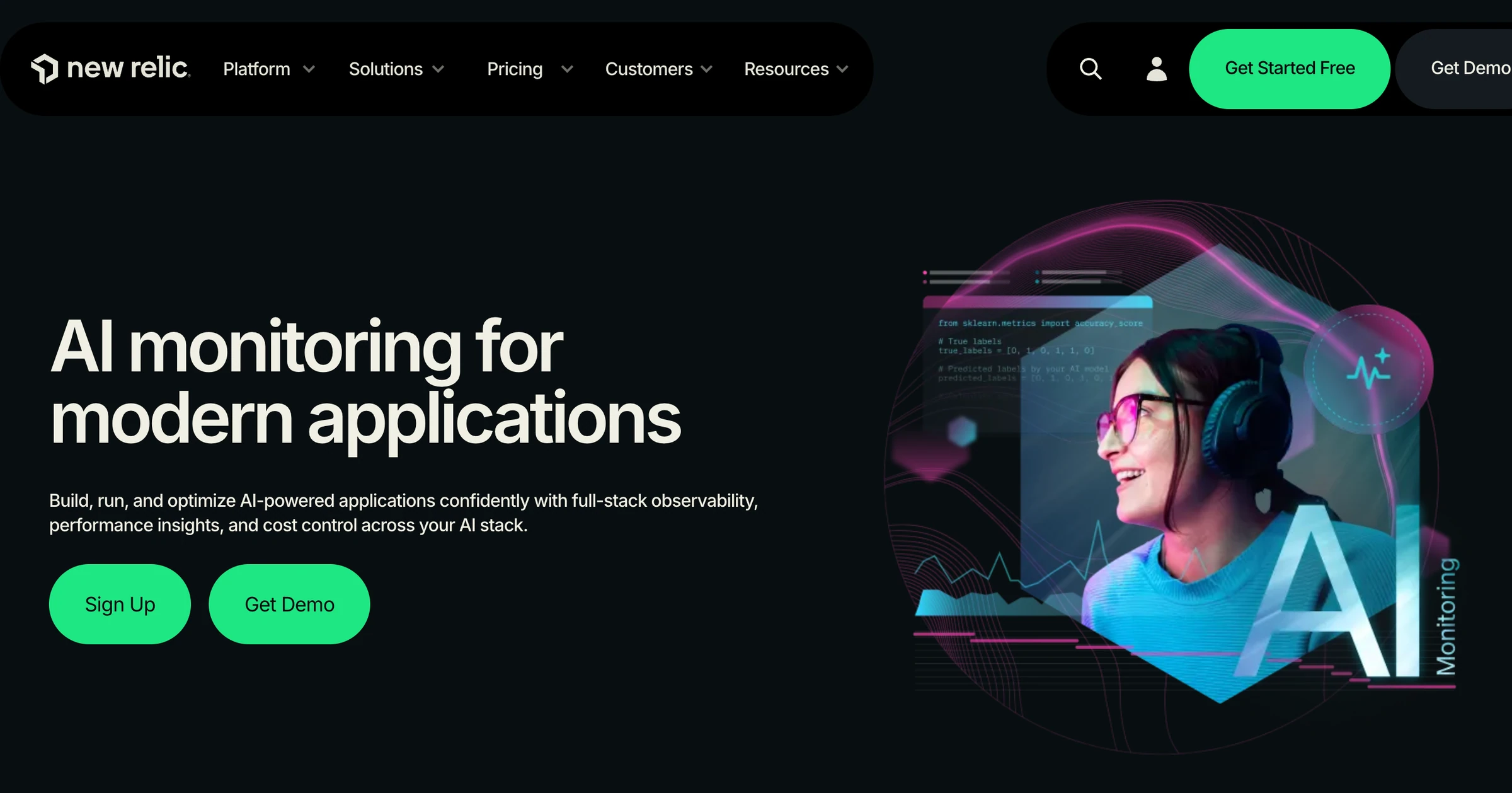 New Relic page headlined AI monitoring for modern applications, with Sign Up and Get Demo buttons and an AI Monitoring illustration