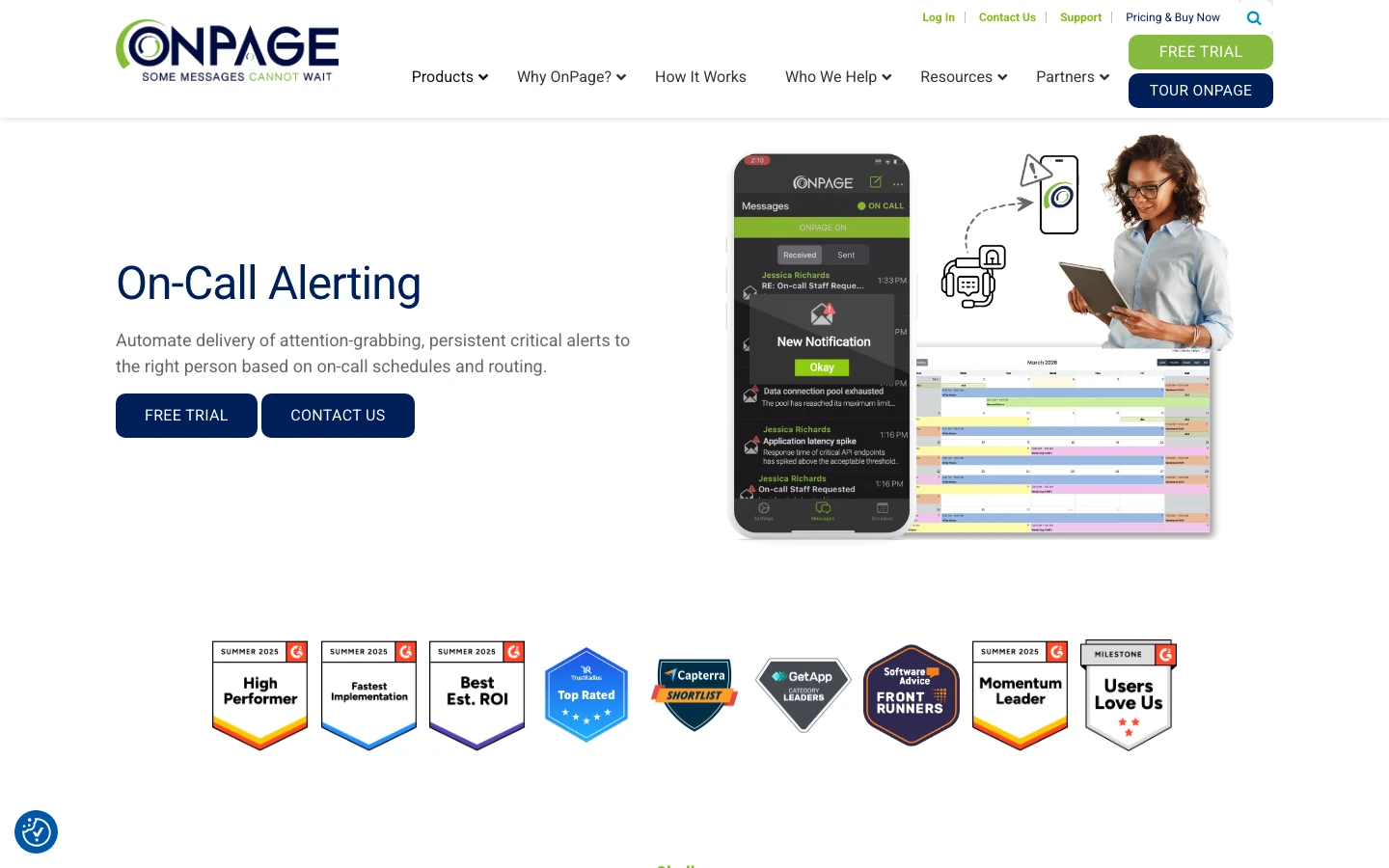 OnPage On-Call Alerting page with a mobile alerts app, a scheduling calendar and G2 and Capterra badges