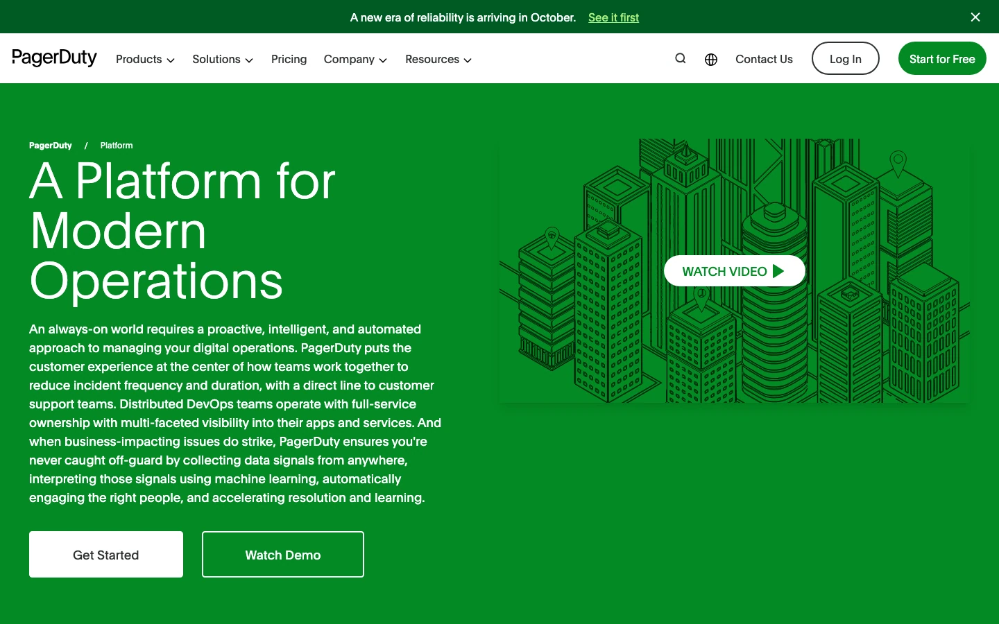 PagerDuty page headlined A Platform for Modern Operations, with Get Started and Watch Demo buttons and a city illustration