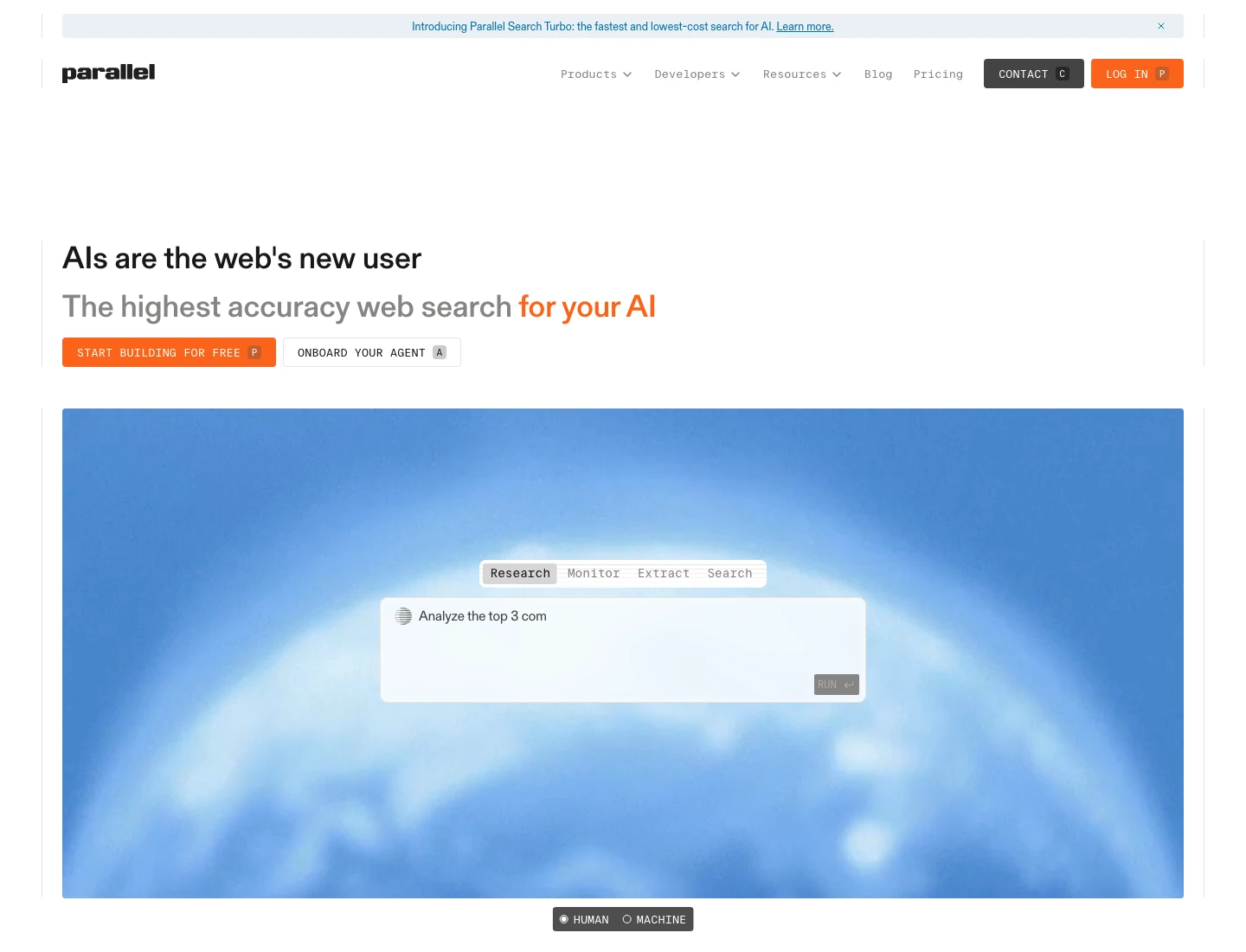 Parallel homepage reading The highest accuracy web search for your AI, with a demo box offering Research, Monitor, Extract and Search