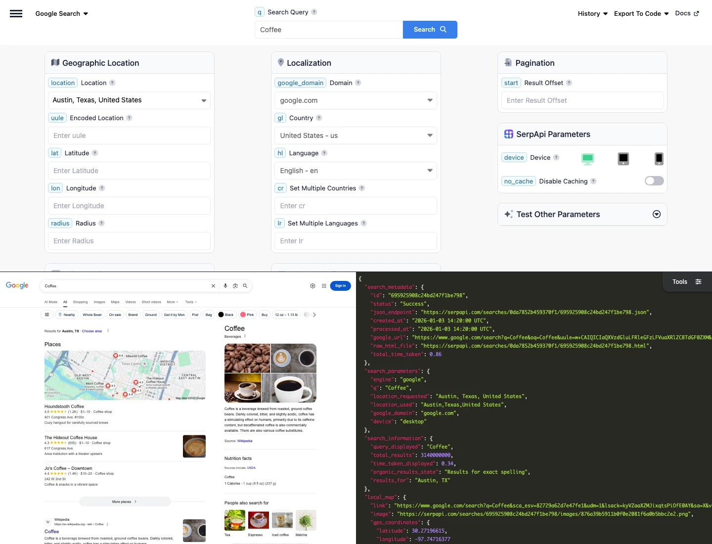SerpApi playground with a Coffee search in Austin, Texas, showing parameter panels, the Google results page and JSON output
