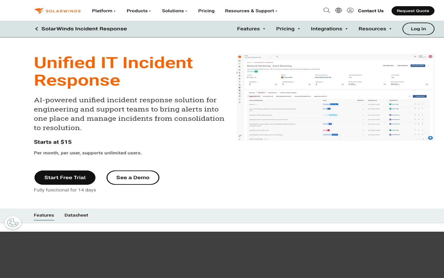 SolarWinds page headlined Unified IT Incident Response, priced from $15 per user per month, with a product screenshot