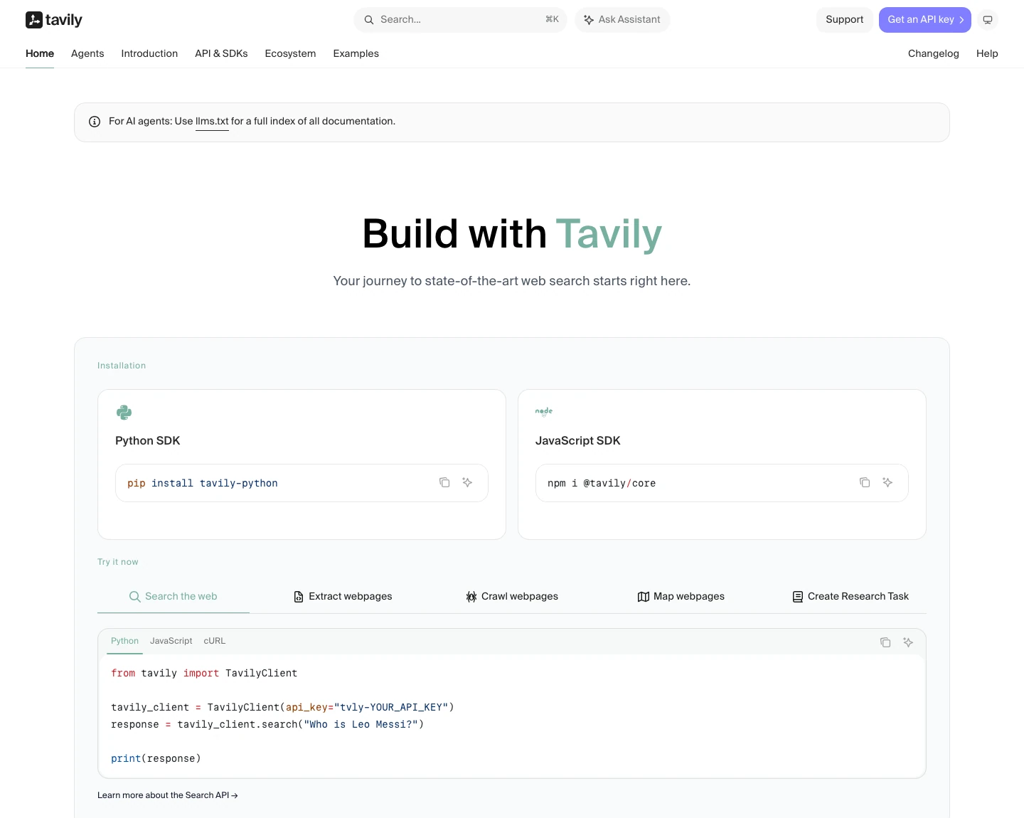 Tavily docs home with Python and JavaScript SDK install commands and a Python search example using TavilyClient