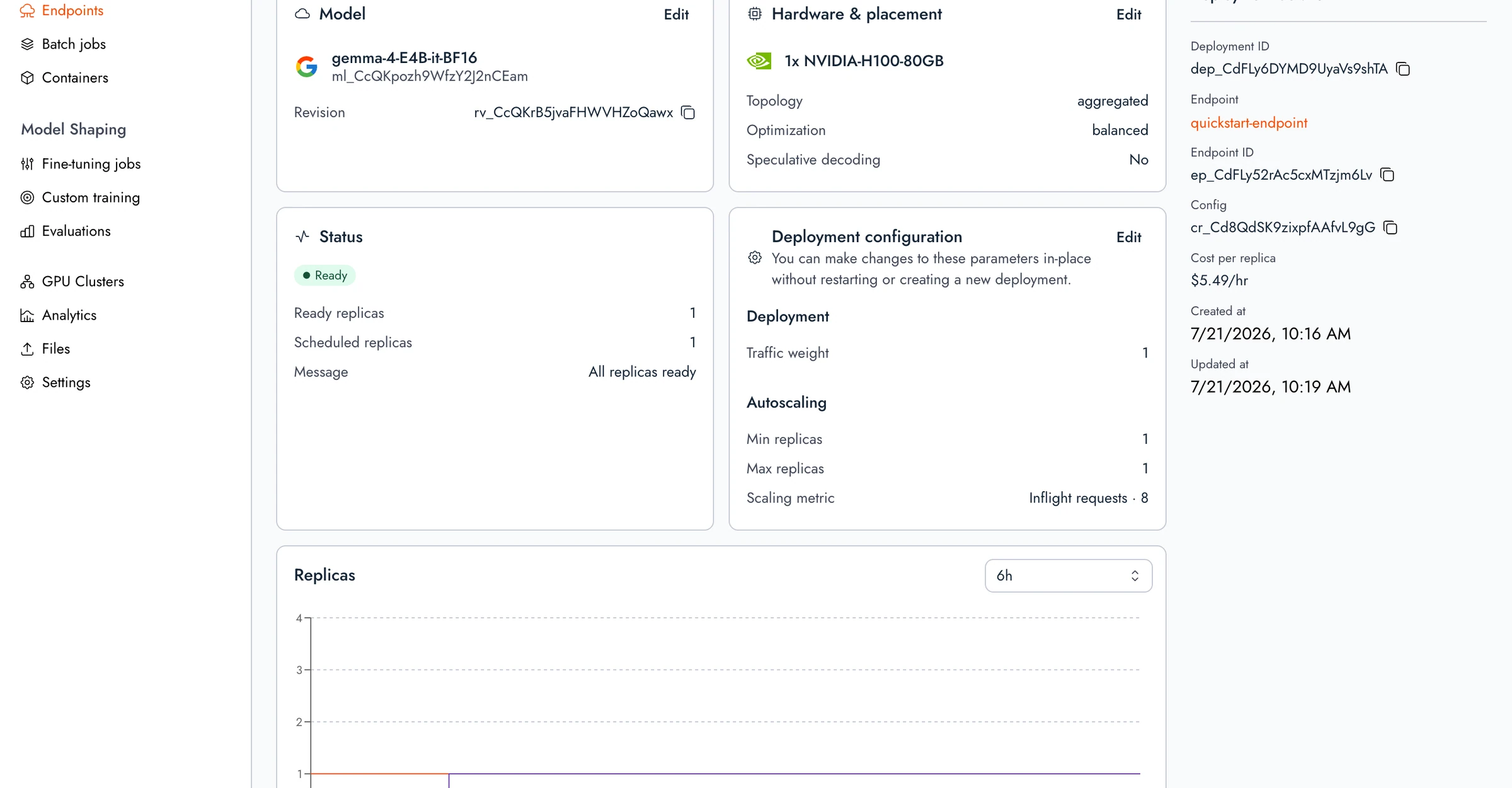 Together AI deployment dashboard for a model on one H100 with status, autoscaling settings, cost per replica and a replicas chart