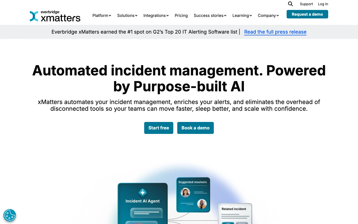 xMatters homepage headlined Automated incident management. Powered by Purpose-built AI, with an Incident AI Agent illustration